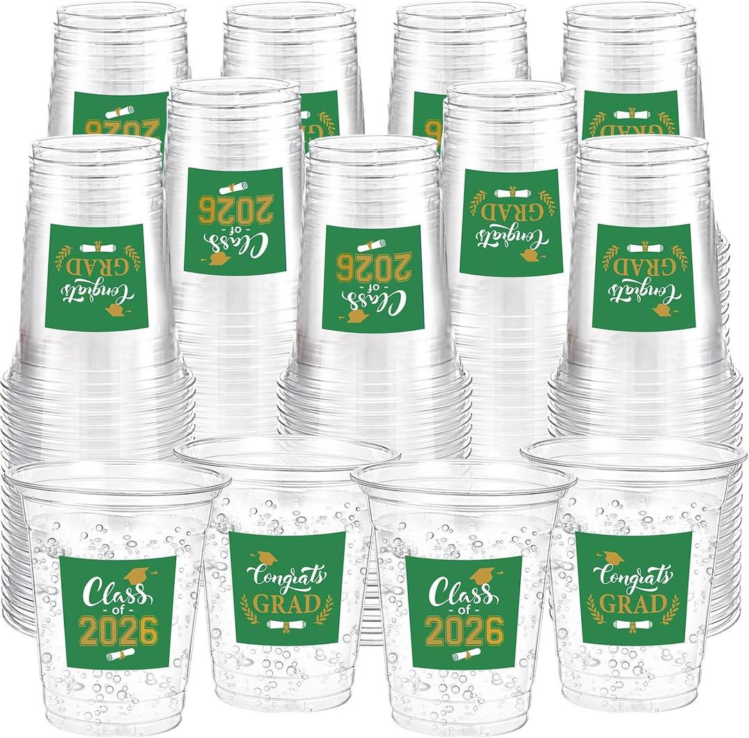 Amyhill 100 Pack 12oz Graduation Cups 2026 Graduation Decorations Disposable Plastic Cups Sturdy&Durable Drinkware for Class of 2026 Decorations Congrats Grad Party Favors Supplies (Green)