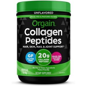 Orgain Hydrolyzed Collagen Peptides Powder For Women & Men, 20g Grass Fed Collagen, Unflavored - Hair, Skin, Nail, & Joint Support Supplement, Paleo & Keto, Non-GMO, Type I and III, 1lb, BB 08/04/28
