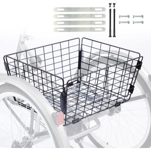 Tricycle Rear Basket Folding Large Capacity Basket Steel Basket for 20 24 26 Inch Tricycles Trike, Black