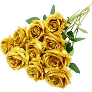 10pcs Gold Rose Artificial Flower,Artificial Rose Silk Flower 50cm Fake Rose Blossom Bridal Bouquet for Home Wedding Decor (Gold)