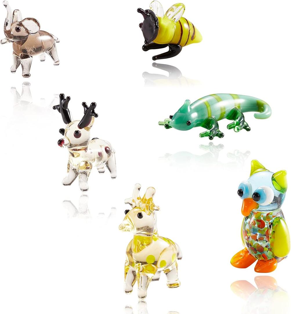 6Pcs Hand Blown Glass Figurines Includes Christmas Reindeer, Birds, Giraffes, Bees, Chameleon, Elephant Glass Figurines for Collectibles, Home Decoration, Gifts