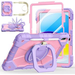Case for iPad (A16) 11th/10th Generation 11/10.9 Inch 2025/2022, Ubearkk for iPad a16 case with Screen Protector, 360 Degree Rotating Stand Shoulder Strap Pencil Holder, Purple Pink
