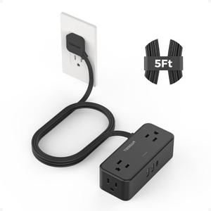 TESSAN Flat Plug Extension Cord 5 FT, Surge Protector Power Strip with 4 AC Outlets 1 USB C and 2 USB A Ports, 900 Joules Protection, Multiple Wall Outlet Extender Suitable for Office, Dorm, Black