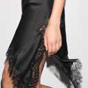 Women's Satin Lace Dress Asymmetric Cocktail Mini Dress Layering Essentials Elegant Dresses Date Night Outfits (Black, S)