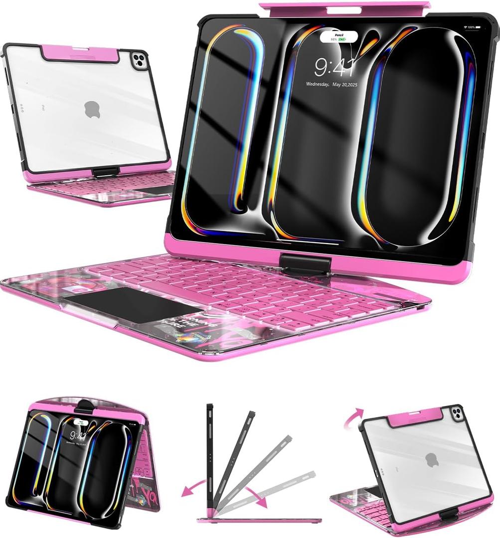 Wireless Keyboard Case for iPad Pro 13" (M5/M4, 2025/2024), Transparent Protective Cover with 7-Color Backlit Keyboard, 360 Rotating Stand, Multi-Touch Trackpad and Pencil Holder, Pink