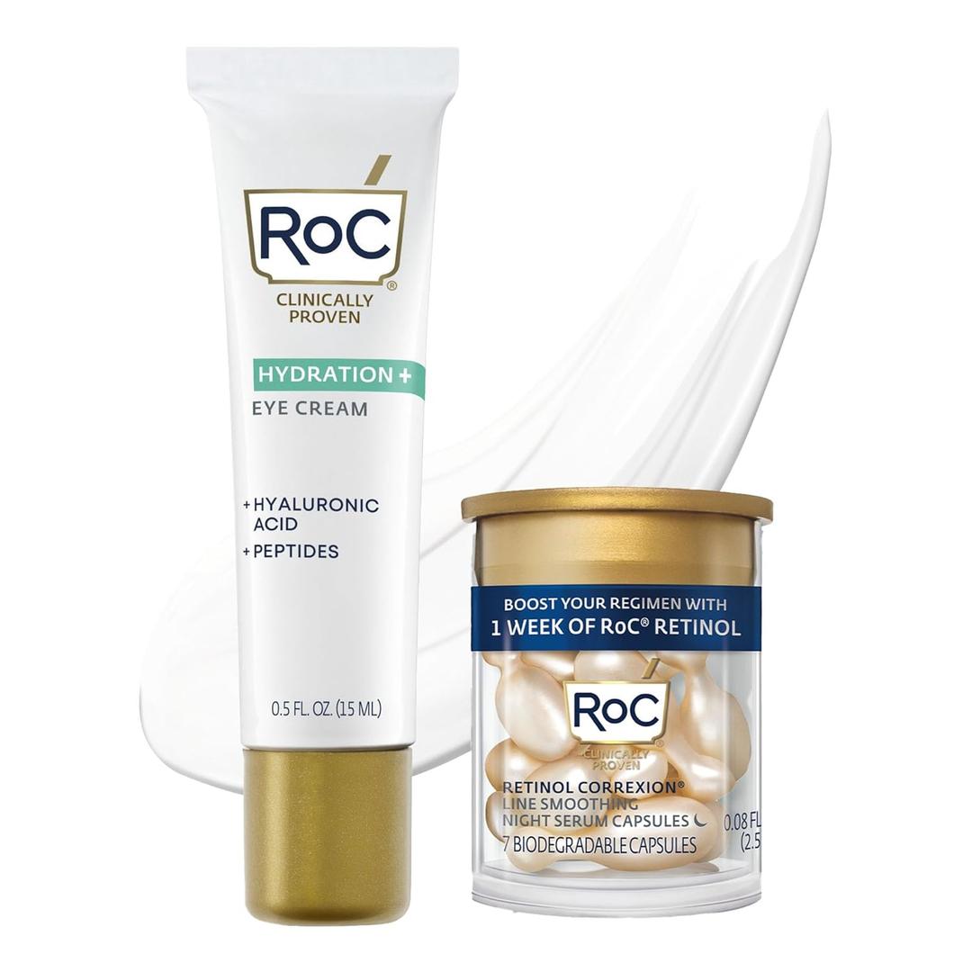 RoC Multi Correxion Hyaluronic Acid Anti Aging Under Eye Cream for Puffiness & Dark Circles (.5 OZ) + RoC Retinol Capsules (7 CT), Skin Care Routine, Fragrance & Paraben Free for Women and Men