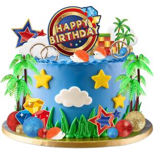 28 Pcs Hedgehog Cake Toppers Blue Cartoon Themed Birthday Cake Decoration with Hedgehogs Palm Trees Stars Rings Animals Cupcake Toppers for Boys Girls Kids Birthday Party Supplies