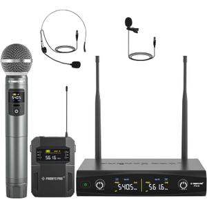 Phenyx Pro Wireless Microphone System,Metal Wireless Mic Set w/Handheld/Bodypack/Headset/Lapel Mics,2 x 30 UHF Frequencies, 200 ft Range, Cordless Mic for Singing, Karaoke, Church (PTU-52-1H1B)