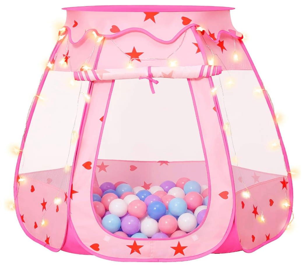 Suncuber Pop Up Princess Tent with Star Light：Toy for Girl Birthday Gifts, Portable Ball Pit with Outdoor Carry Bag, Collapsible Kids Play Tent for Toddler Indoor Activity Playhouse, NO Balls(Pink)