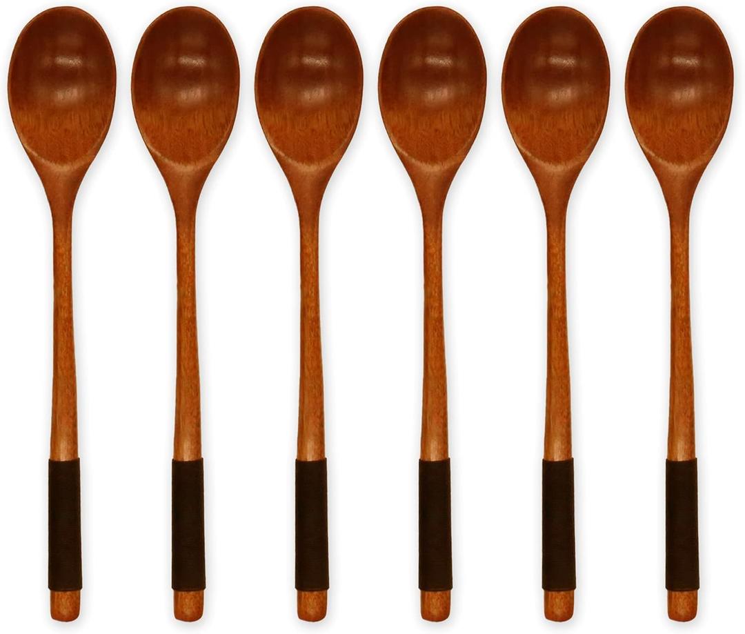 6 Pieces Wooden Spoons for Eating, Muulaii Wood Soup Spoons Long Handle Spoon with Japanese Style Kitchen Utensil for Korean Food Cooking Mixing Stirring Honey Tea Soda Dessert Coconut Bowl- 9 Inch