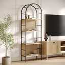 4-Tiered Arched Book Shelf - Light Oak & Natural Rattan, Metal Frame - Industrial Arched Bookcase & Fluted Bookshelf