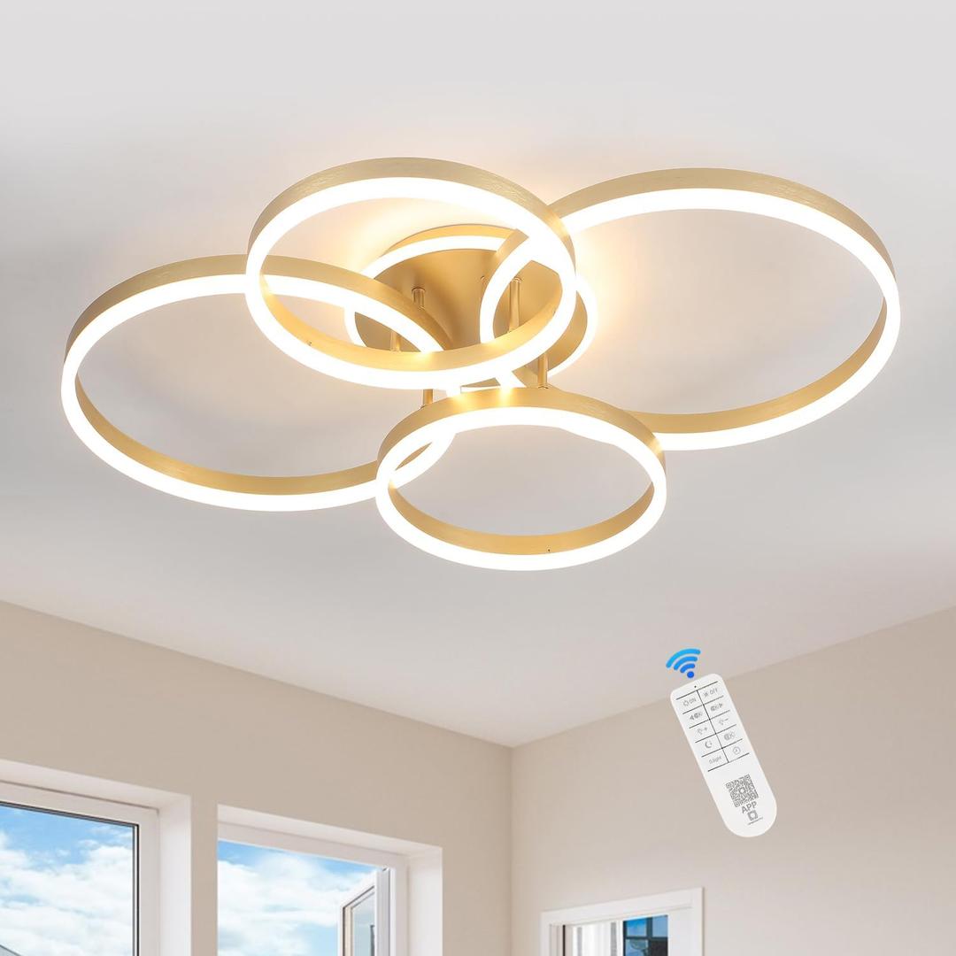 Modern LED Chandelier Semi-Flush Mount Ceiling Light 4-Rings Dimmable 34 Brushed Gold Ceiling Lighting Fixture with Remote for Living Room Dining Room(110W 3000K-6500K), D34inch