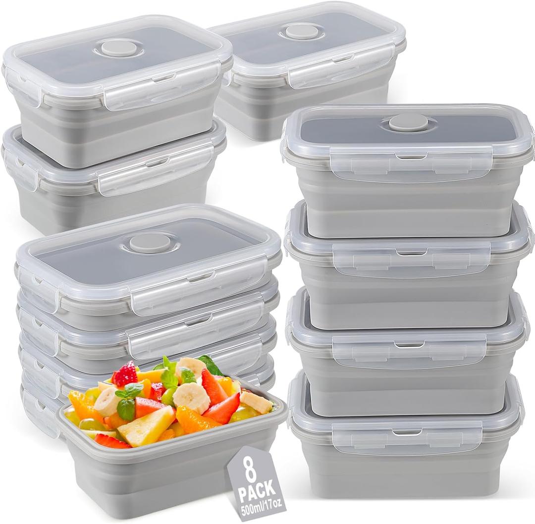Mifoci Set of 8 Silicone Collapsible Bowls with Vent Lids 17 oz Silicone Storage Containers for Food Meal Preparation Square Bowl, Microwave, Freezer and Dishwasher Safe(Gray)