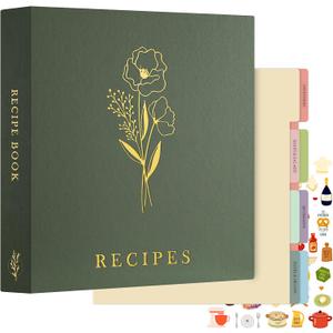 Lanpn Recipe Binder 8.5x11 3 Ring Kit, Waterproof Organizer Binder with 60 Plastic Sleeves,116 Recipes, Dividers,Labels & Stickers, Blank Recipe Book to Write in Your Own Recipes, Green
