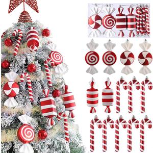 14Pcs Christmas Candy Cane Lollipop Ornaments for Christmas Tree Decorations,Red and White 6.5Inch Assorted Shapes Hanging Ornament with Ribbon for Xmas New Year Holiday Festival Home Party Decor