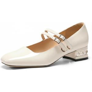 Women's Mary Jane Low Pearl Heels Closed Square Toe Pumps Ballet Dressy Double Strap Comfortable Slip on Shoes 6.5