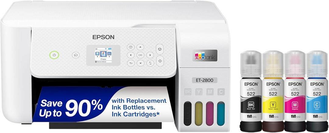 Epson EcoTank ET-2800 Wireless Color All-in-One Cartridge-Free Supertank Printer with Scan and Copy  The Ideal Basic Home Printer - White, Medium