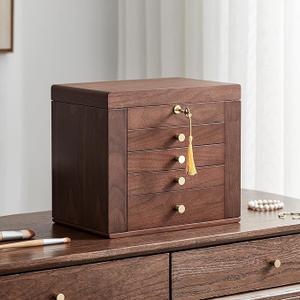 Black Walnut Wooden Jewelry Box Wood Jewelry Organizer with 2 Side Doors Mirror Lockable Classical Style for Watch Necklace Ring Earring Storage Mothers Day Gifts for Mom-5 Layer