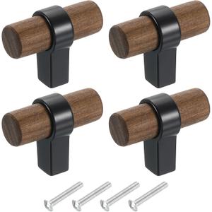 uxcell 4Pcs T-Bar Wooden Drawer Pulls, 1.57" x 0.71" Wood Cabinet Pulls Single Hole Drawer Knobs with Black Base and Screws for Home Kitchen Room Closet Cupboard, Dark Walnut