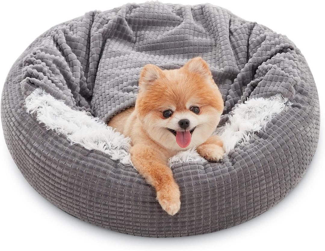 MIXJOY Small Dog Bed Cat Bed with Blanket Attached, Round Hooded Cozy Dog Cave Beds for Small Dogs, Soft Plush Cuddler Puppy Pet Bed, Anti-Slip Bottom, 23inch, Gray