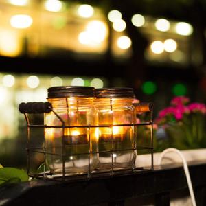 Diamond Star Glass Candle Lantern Holder Mason Jar Tealight Candle Runner with Metal Holder Insert (8.5" X 3.5" X5.5") (2 Jars Set)