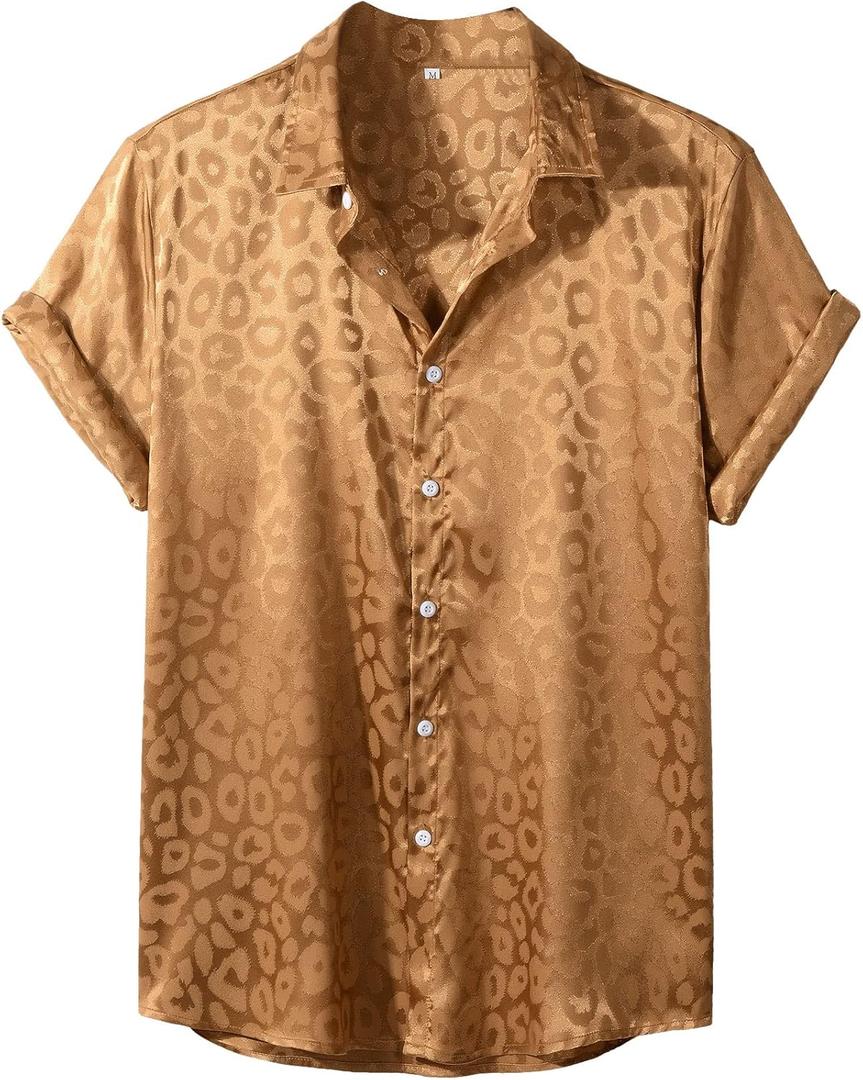 Verdusa Men's Satin Button Down Lapel Collar Leopard Print Short Sleeve Shirt (Medium, Brown)