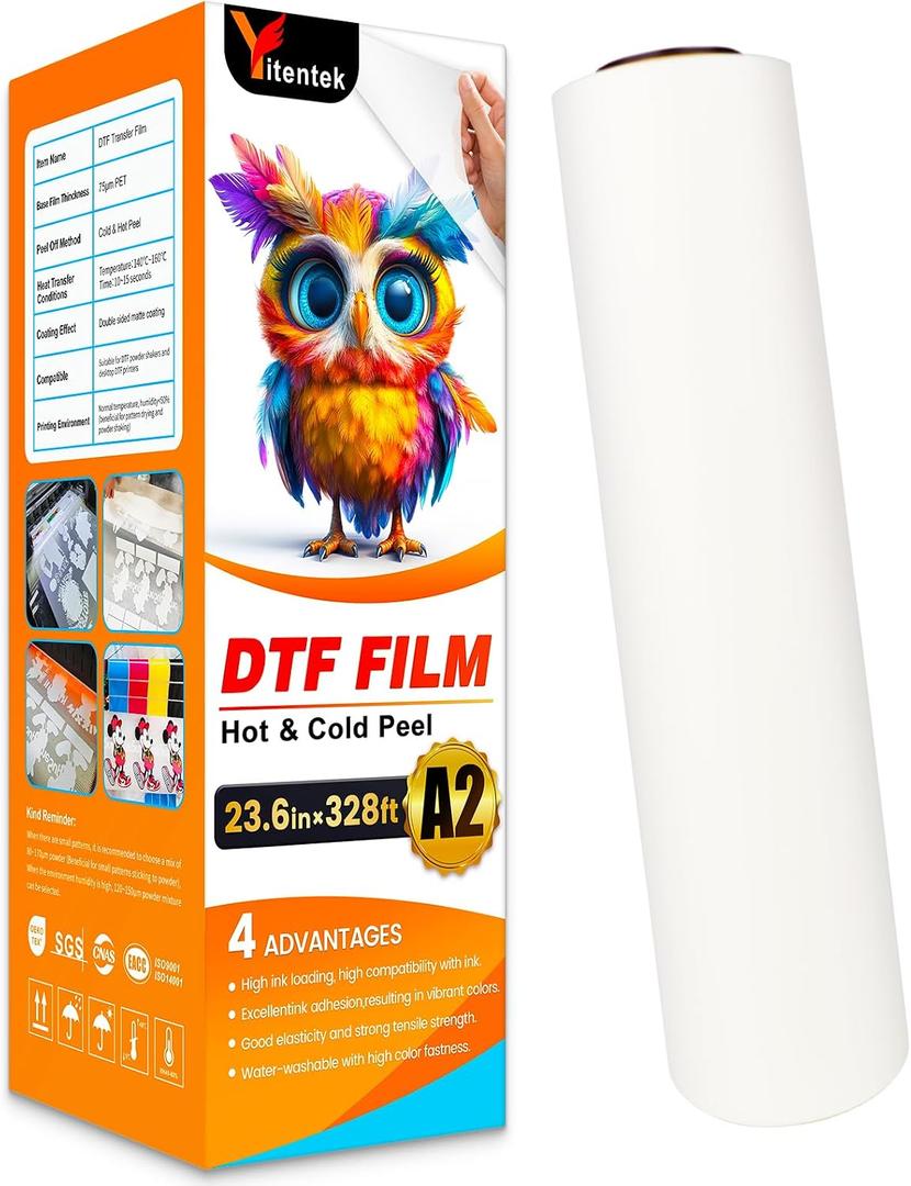 DTF Transfer Film Roll - 23.6"" x 328ft Double Sided PreTreat PET Heat Transfer Film, Cold & Hot Peel PET Heat Transfer Film for DTF Inkjet Printer, Direct Print on T-Shirts Textile, Clear