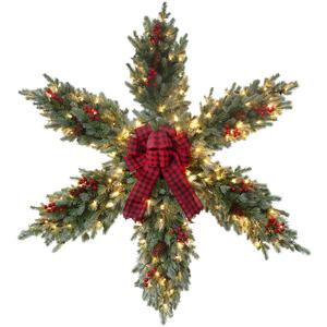 YEAHOME 48 Inch Large Christmas Wreath, 4 FT Pre-Lit Christmas Star Wreaths for Front Door with 120L Warm White LED Lights, Bow-tie, Berries, Pine Cones for Xmas Outdoor Indoor Wall Home Decorations (Green)