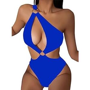 Hilinker Women's O-Ring Cutout Halter One Piece Swimsuit High Cut Bathing Suit (Small, Blue)