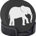 Black and White Elephant Leather Drink Coasters Set of 6 with Holder Round Cup Coaster for Table Decor (1)
