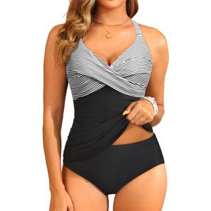 Tempt Me Women Tummy Control Tankini Swimsuit - Ruched Two Piece Bathing Suits Underwire V Neck Swimwear with Bottom 2026 (Large, Black Striped)