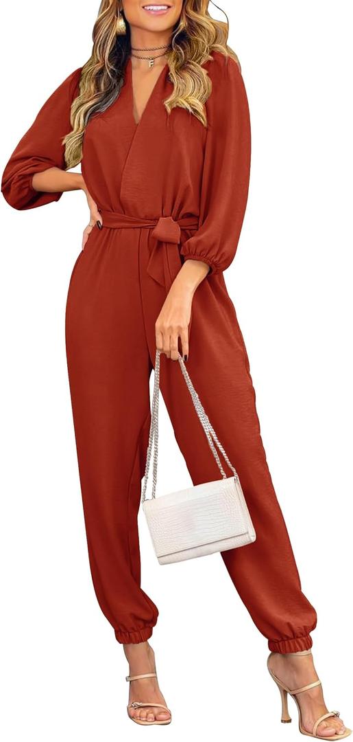 PRETTYGARDEN Jumpsuits for Women Dressy Long Sleeve One Piece Long Pants Rompers with Belt Pockets V Neck Casual Fall Outfits (Rust Red, Small)