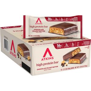 Atkins Chocolate Peanut Butter Protein Meal Bar, High Fiber, 16g Protein, Low Sugar, 3g Net Carb, Low Carb, Keto Friendly, 12 Count (EXP 05/15/27)