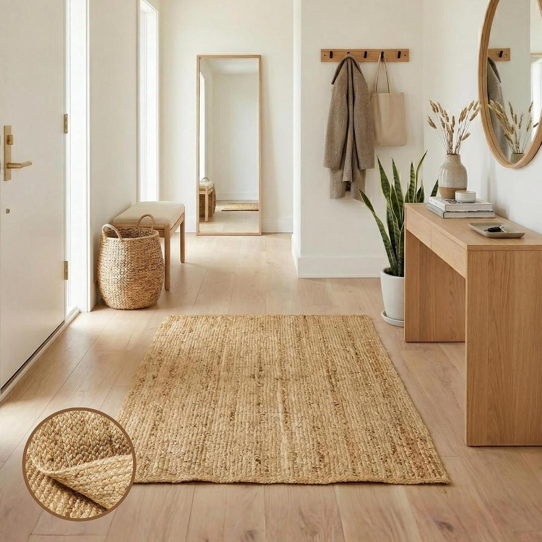 Jute Area Rug - 3x5 Natural Jute Rug with Non-Slip Backing, Low-Profile Farmhouse Rug for Living Room, Bedroom or Rustic Entryway mat, Eco-Friendly Boho Decor, Non-Shed for High-Traffic