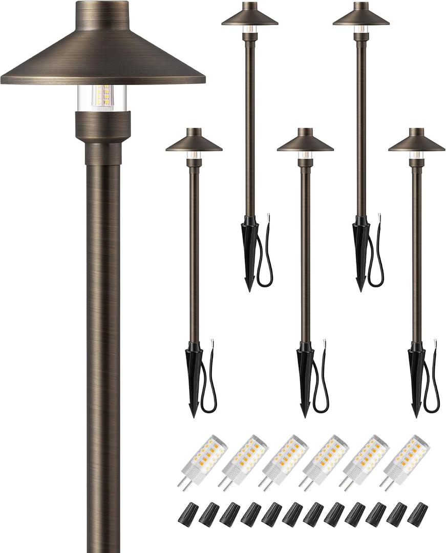 EDISHINE Solid Brass Low Voltage Landscape Lighting, 22" Tall 6" Shade with G4 Bulbs, 12V 350LM 3000K Heavy Duty Outdoor Landscape Path Light, Waterproof Bronze LED Pathway Lights Wired, 6 Pack