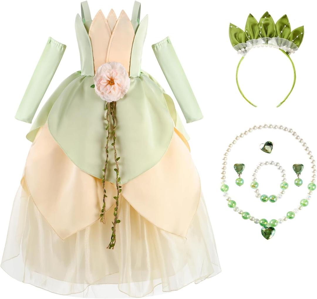 Princess Costume for Girls Birthday Halloween Dress Up Outfits with Accessories (4-5T, Green)