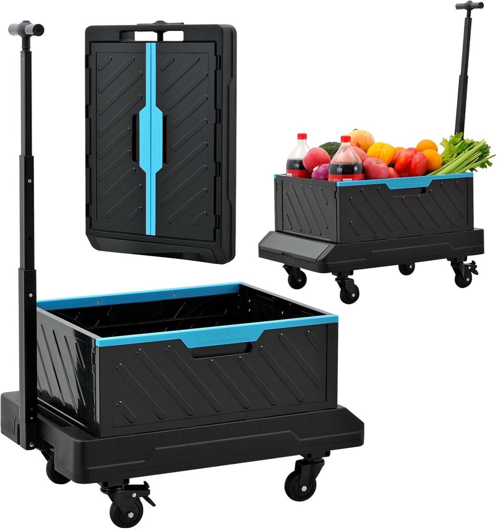 MAXMAN Folding Hand Truck, 132Lbs Heavy Duty Foldable Dolly Cart with 4 Silent Wheels and Adjustable Handle, 2-in-1 Multifunctional Portable Wagon for Moving, Camping, Travel, Shop, Warehouse, Blue