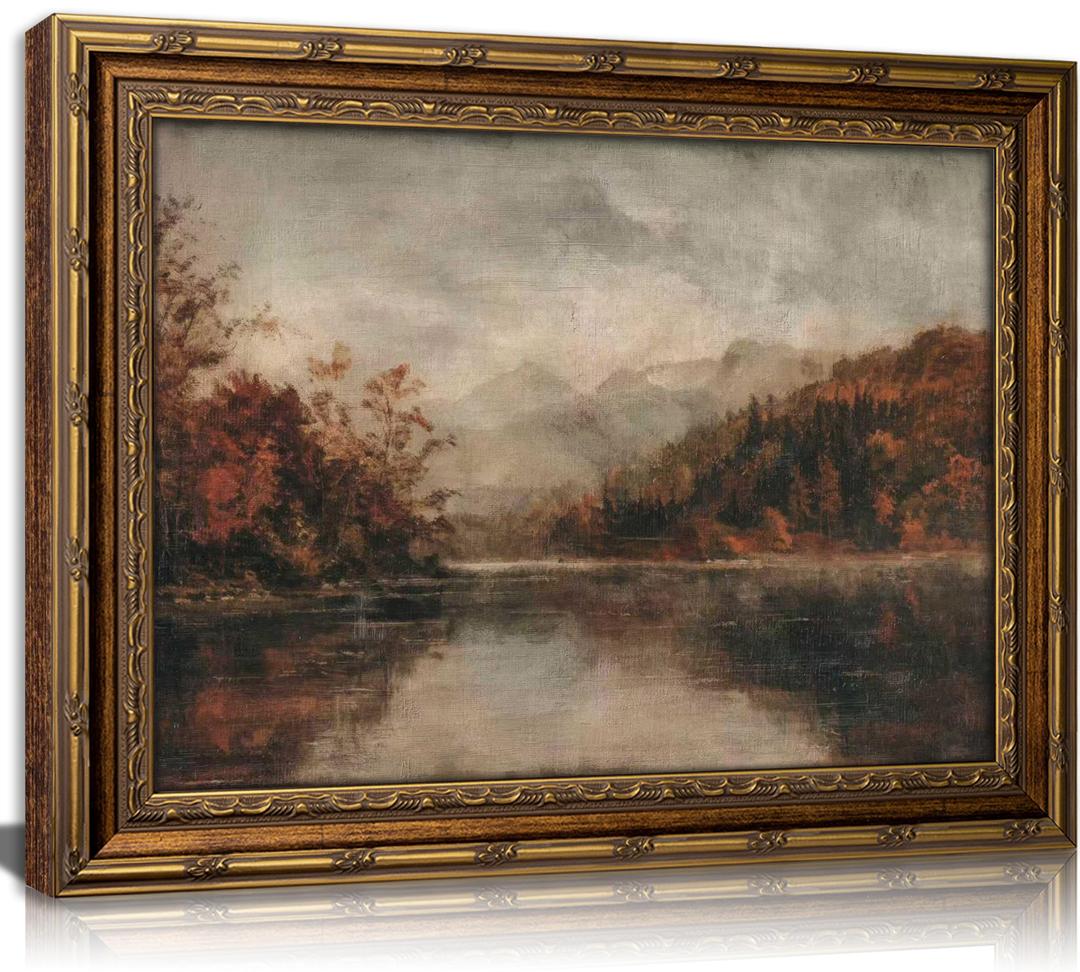 Vintage Gold Framed Canvas Wall Art Autumn Fall Natural Lake Panoramic Painting Picture Wall Decor Moody Countryside Poster Print Artwork for Bedroom Kitchen Living Room Home Decoration