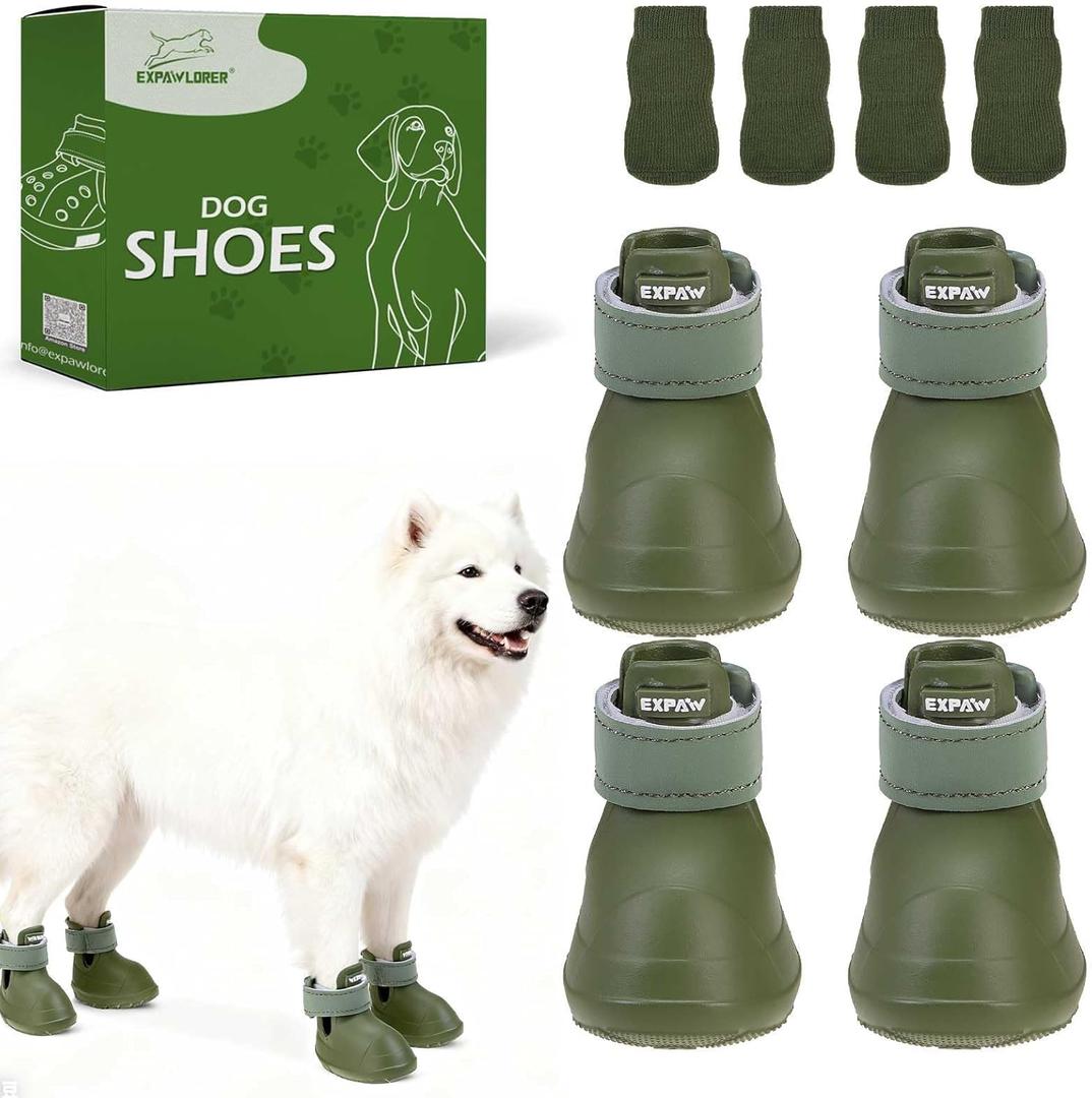 EXPAWLORER Dog Shoes for Hot Pavement Large Dogs, Waterproof Non-Slip Dog Summer Booties with Socks, Easy On & Off Pet Boots & Paw Protectors, Easy-Clean for Beach Outdoor Rain (Green L) (Size 7/L (Paw Width:2.4in))