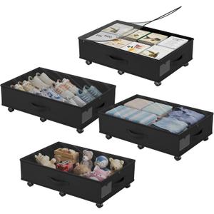 Babenest 4-Pack Under Bed Storage Organizer with Clear Zippered Lid, Foldable Rolling Underbed Drawers on 6 Wheels, Space Saving Clothes, Shoes, Toy Storage for Bedroom, Dorm, Closet