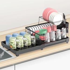 Kitchen Countertop Drying Rackwith Drainer Board Multifunctional 2-Tier Organizer, Utensil Rack and Cup Holder, Removable Design for Kitchen Countertops (Powder Coated Black)
