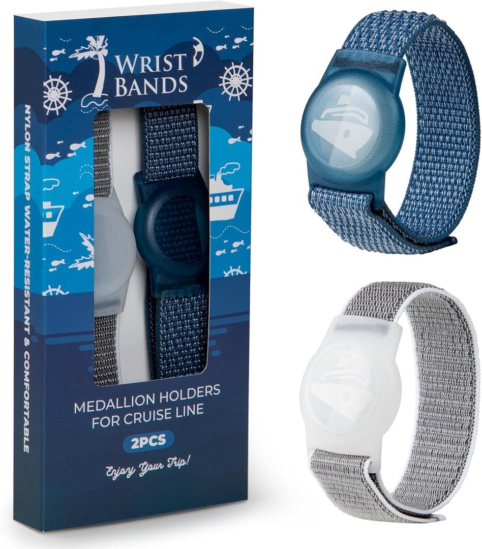 Princess Cruise Medallion Holders 2pcs - Adjustable Nylon Princess Medallion Holders with Secure Strap - Waterproof Cruise Ship Accessories - Ocean Blue & Grey Gift Box Keepsake