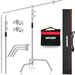 C Stand with Boom Arm tainless Steel Heavy Duty Stand Max Height 10.82ft,Adjustable Photography Light Stand with 4.2ft/128cm Holding Arm+2 Pieces Grip Head+Sandbag+Storage Bag