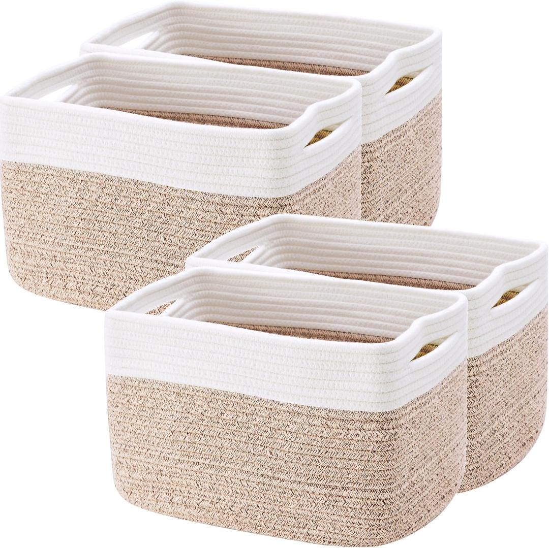 Set of 4 Rope Basket for Shelves Woven Rectangle Storage Basket Bins for Nursery Toy Storage for Baby Girl (Brown)