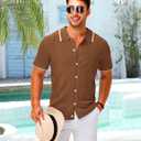LETSEE Linen Shirts for Men Short Sleeve Blouse Button Down Dress Untuckit Shirts Beach Summer Wedding Hawaiian Outfit (Brown, M)