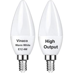 Vinaco 2 Pack E12 LED Candelabra Bulb, 400LM 4W 3000K Warm White, High Brightness, Long Lifespan, Energy Efficient, Flicker-Free, Great for Ceiling Fan Light Bulb