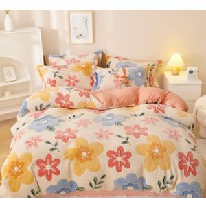 Pink Duvet Cover Twin, Fluffy Comforter Cover Set, Kawaii Bedding Sets for Girl Ultra Soft Cute Floral Bed Set for Kids (Flower, Twin)