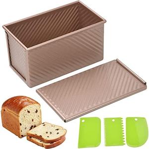 Pullman Loaf Pan with Lid, 1Pound Dough Capacity Rectangular Bread Pan, Non-Stick Long Bread Pans for Homemade Bread, 9x4inch Pullman Loaf Pan with Dough Scraper Cutter for Sandwich Bread, Bronze