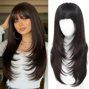 MINLEE Brown Wig with Bangs for Women Long Wavy Dark Brown Wigs 4x4 Realistic Scalp,26 Inch Layered Brown Hair Wigs Heat Resistant Synthetic Wigs