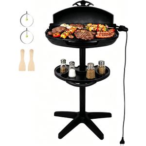 Portable Electric Grill with Removable Stand, 1500W Indoor & Outdoor BBQ, Non-Stick Baking Pan & Intelligent Temperature Control for Backyard, Balcony, Camping and Party, Gray